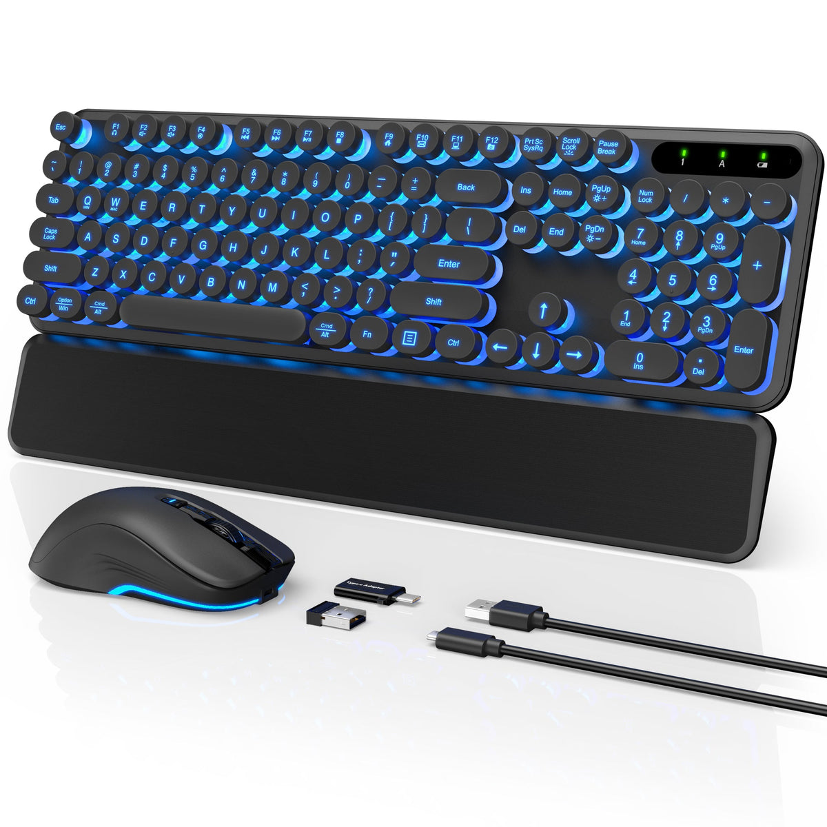 Ensemble clavier et souris sans fil ergonomique rechargeable rétroéclairé RGB avec repose-poignets style rétro, 2,4 GHz