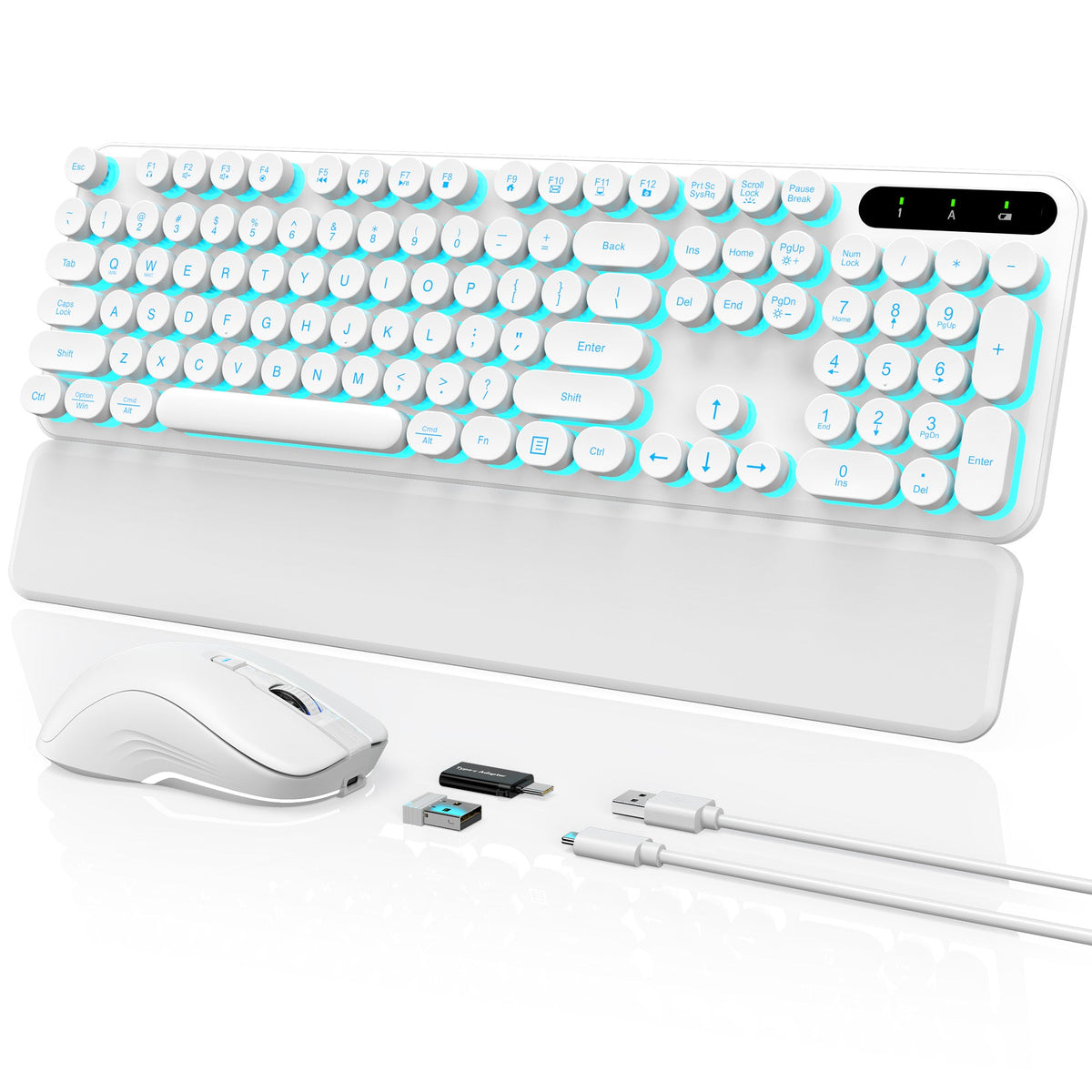 Ensemble clavier et souris sans fil ergonomique rechargeable rétroéclairé RGB avec repose-poignets style rétro, 2,4 GHz – blanc