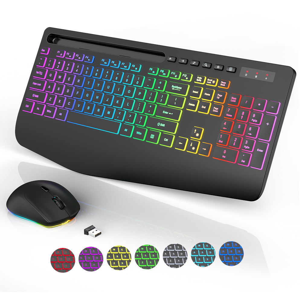 Ensemble clavier et souris sans fil ergonomique rechargeable rétroéclairé silencieux avec repose-poignets avec support pour téléphone