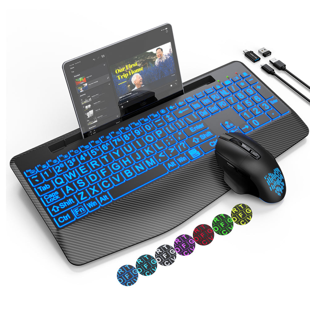 Ensemble clavier et souris sans fil ergonomique rechargeable rétroéclairé RGB silencieux avec repose-poignets, 2,4 GHz