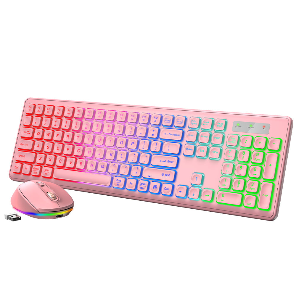 Ensemble clavier et souris sans fil rechargeable rétroéclairé silencieux, 2,4 GHz – rose