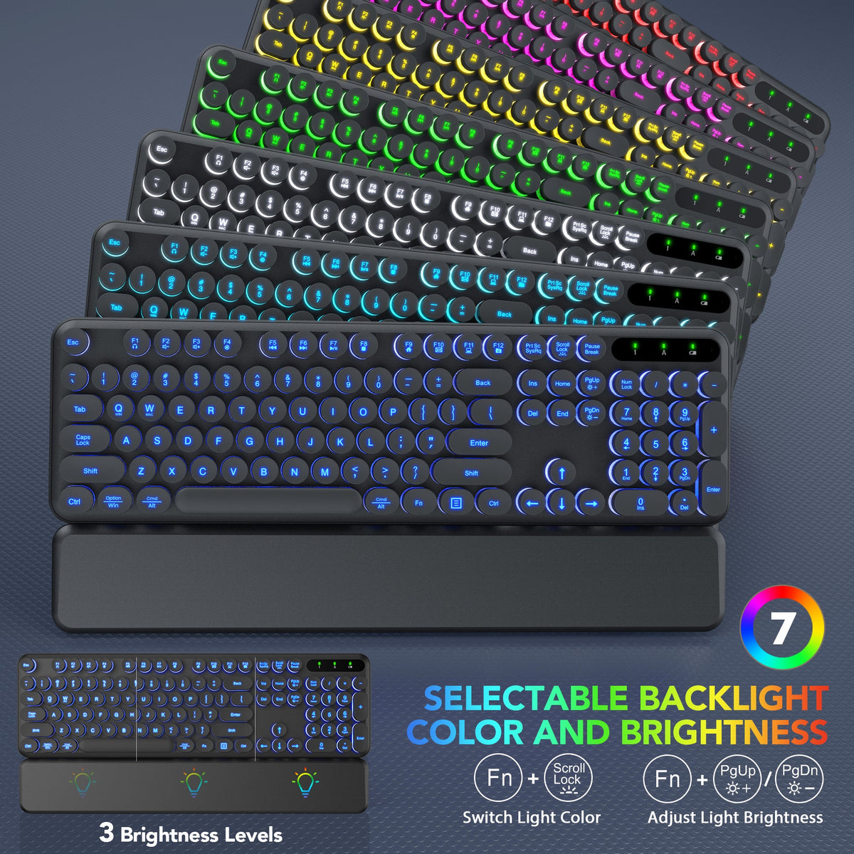 Ensemble clavier et souris sans fil ergonomique rechargeable rétroéclairé RGB avec repose-poignets style rétro, 2,4 GHz