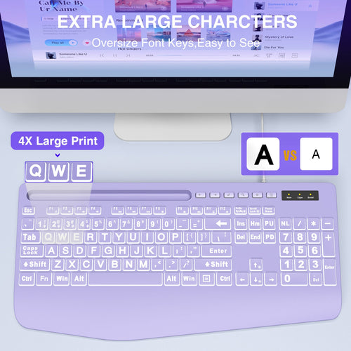 Clavier filaire ergonomique à grands caractères avec repose-poignets – violet