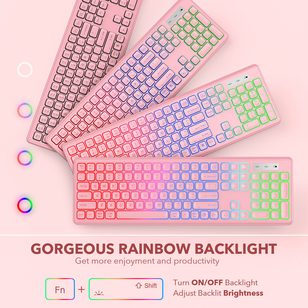 Ensemble clavier et souris sans fil rechargeable rétroéclairé silencieux, 2,4 GHz – rose