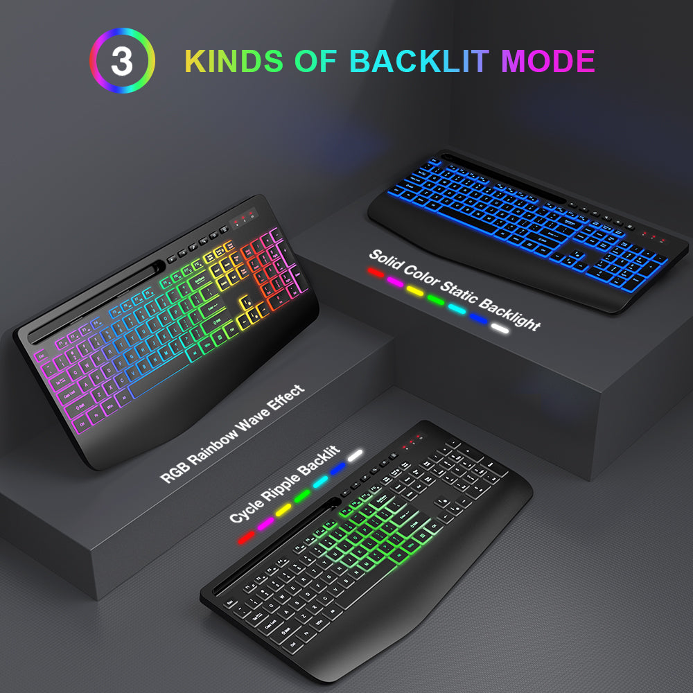Ensemble clavier et souris sans fil ergonomique rechargeable rétroéclairé silencieux avec repose-poignets avec support pour téléphone