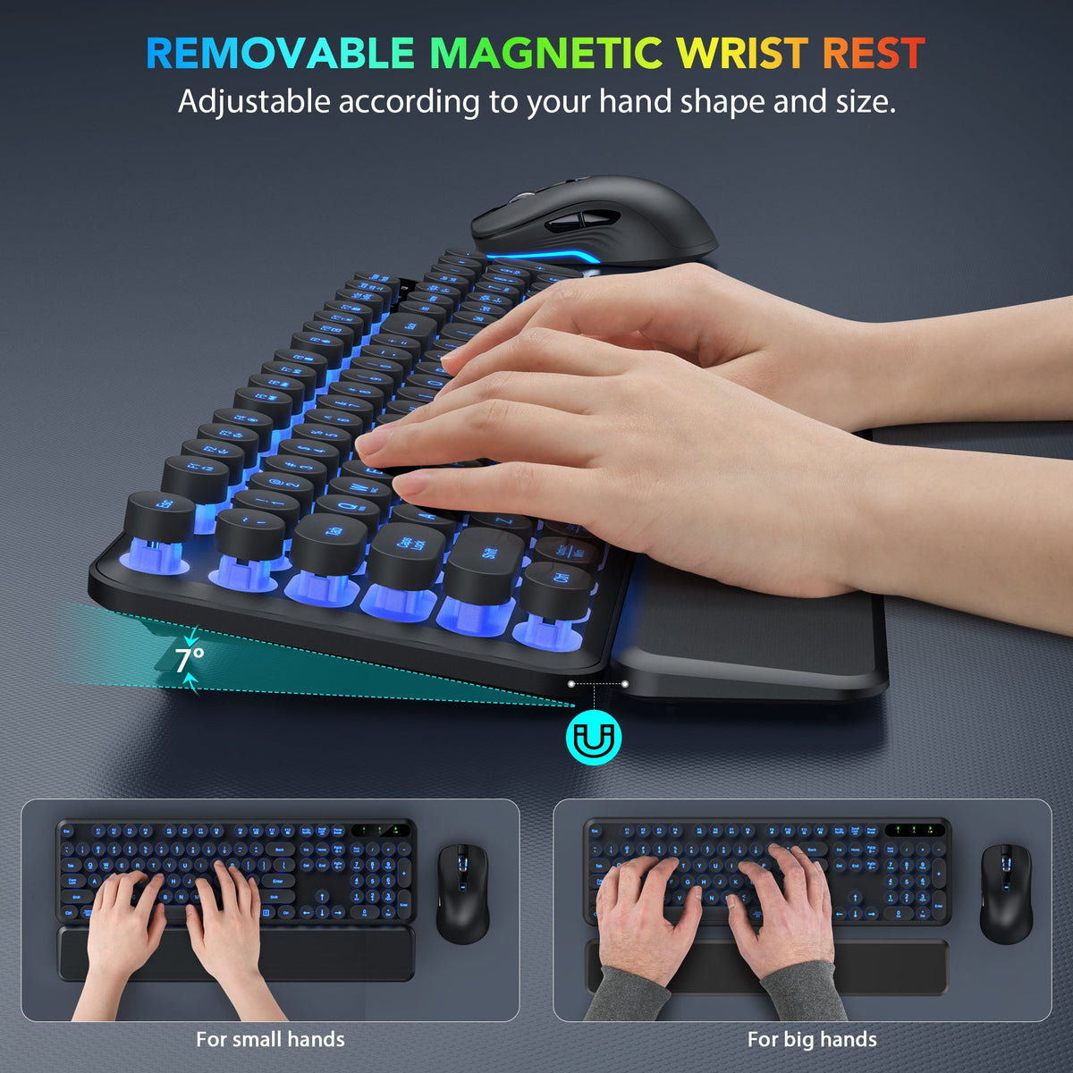Ensemble clavier et souris sans fil ergonomique rechargeable rétroéclairé RGB avec repose-poignets style rétro, 2,4 GHz