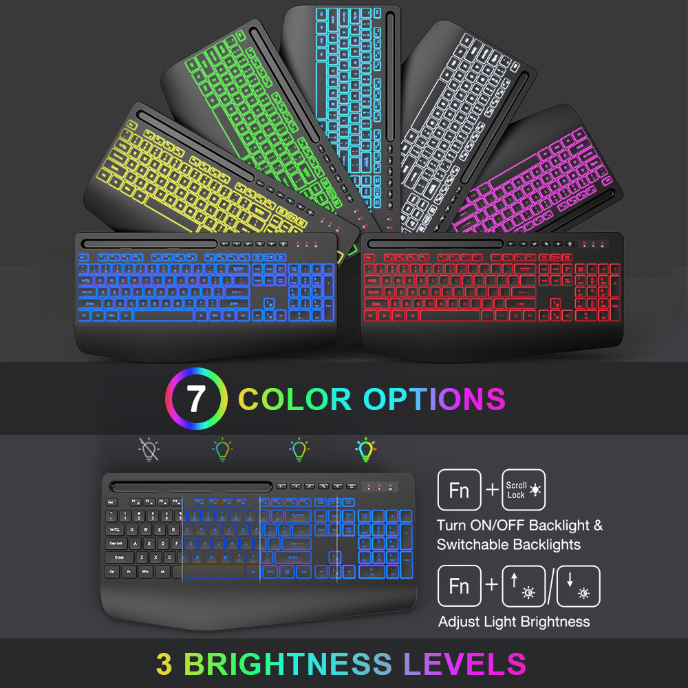 Ensemble clavier et souris sans fil ergonomique rechargeable rétroéclairé silencieux avec repose-poignets avec support pour téléphone