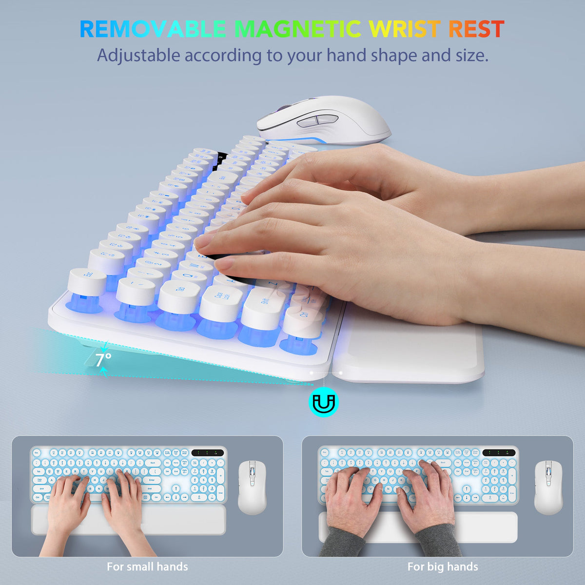 Ensemble clavier et souris sans fil ergonomique rechargeable rétroéclairé RGB avec repose-poignets style rétro, 2,4 GHz – blanc