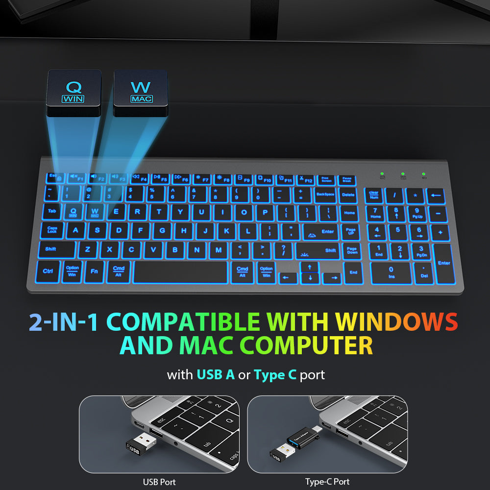 Ensemble clavier et souris sans fil rechargeable rétroéclairé RGB silencieux, 2,4 GHz – gris sidéral