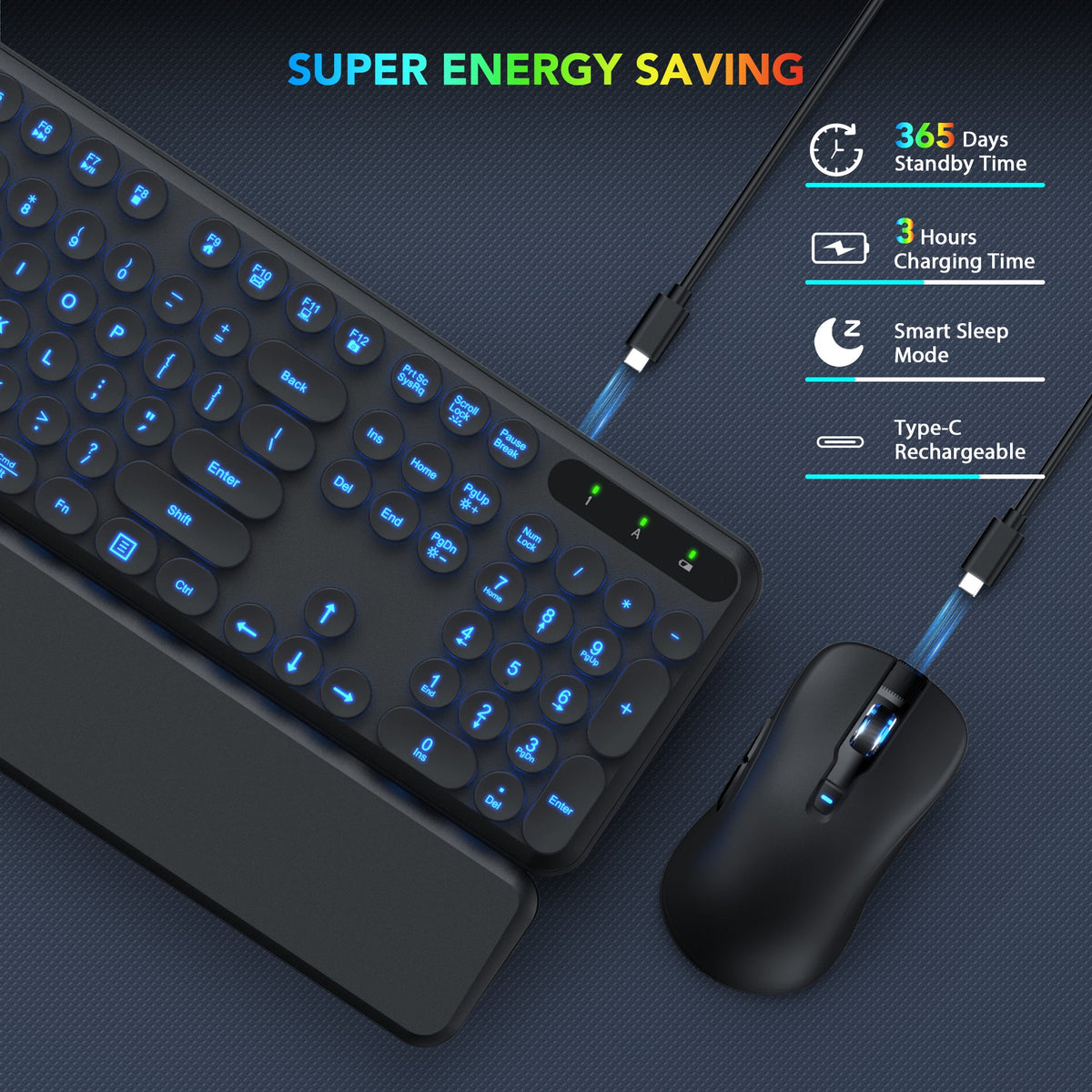 Ensemble clavier et souris sans fil ergonomique rechargeable rétroéclairé RGB avec repose-poignets style rétro, 2,4 GHz