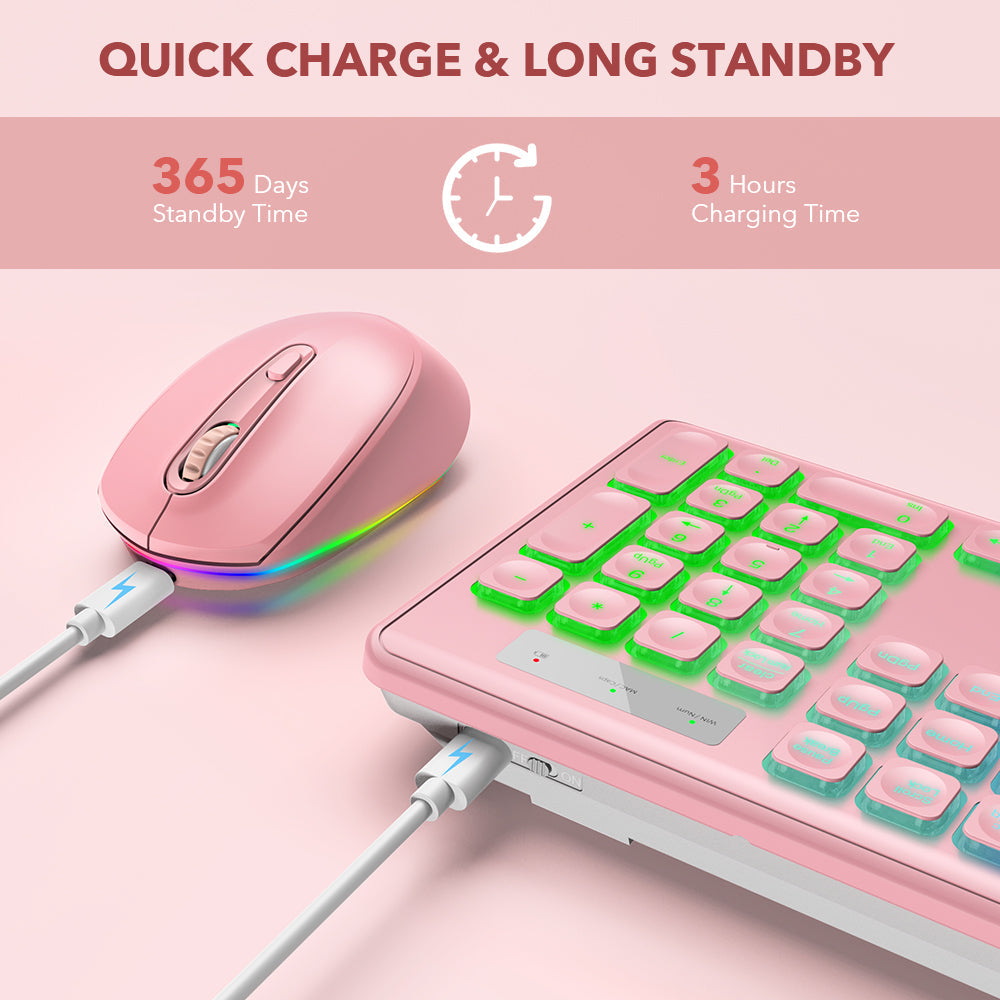 Ensemble clavier et souris sans fil rechargeable rétroéclairé silencieux, 2,4 GHz – rose
