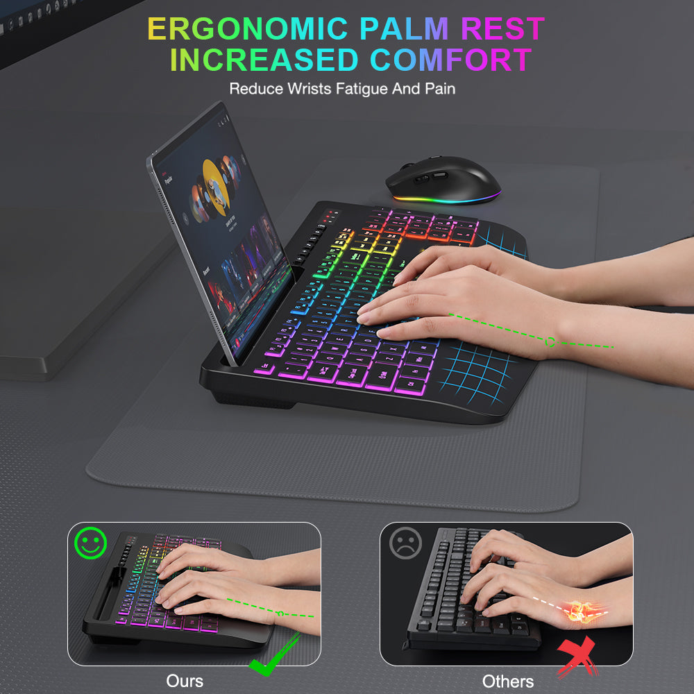 Ensemble clavier et souris sans fil ergonomique rechargeable rétroéclairé silencieux avec repose-poignets avec support pour téléphone