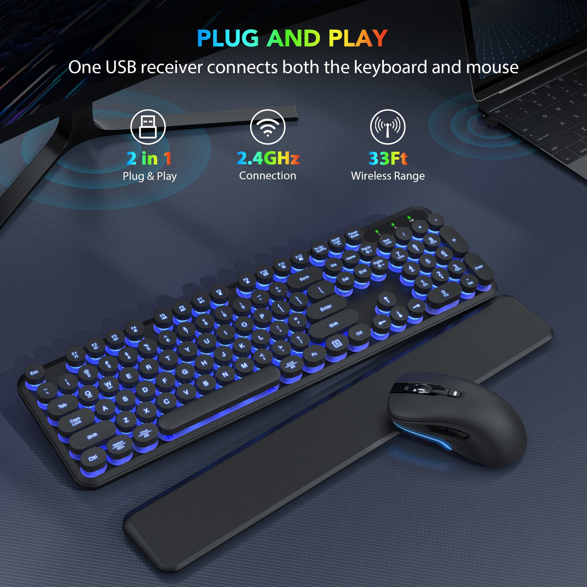 Ensemble clavier et souris sans fil ergonomique rechargeable rétroéclairé RGB avec repose-poignets style rétro, 2,4 GHz