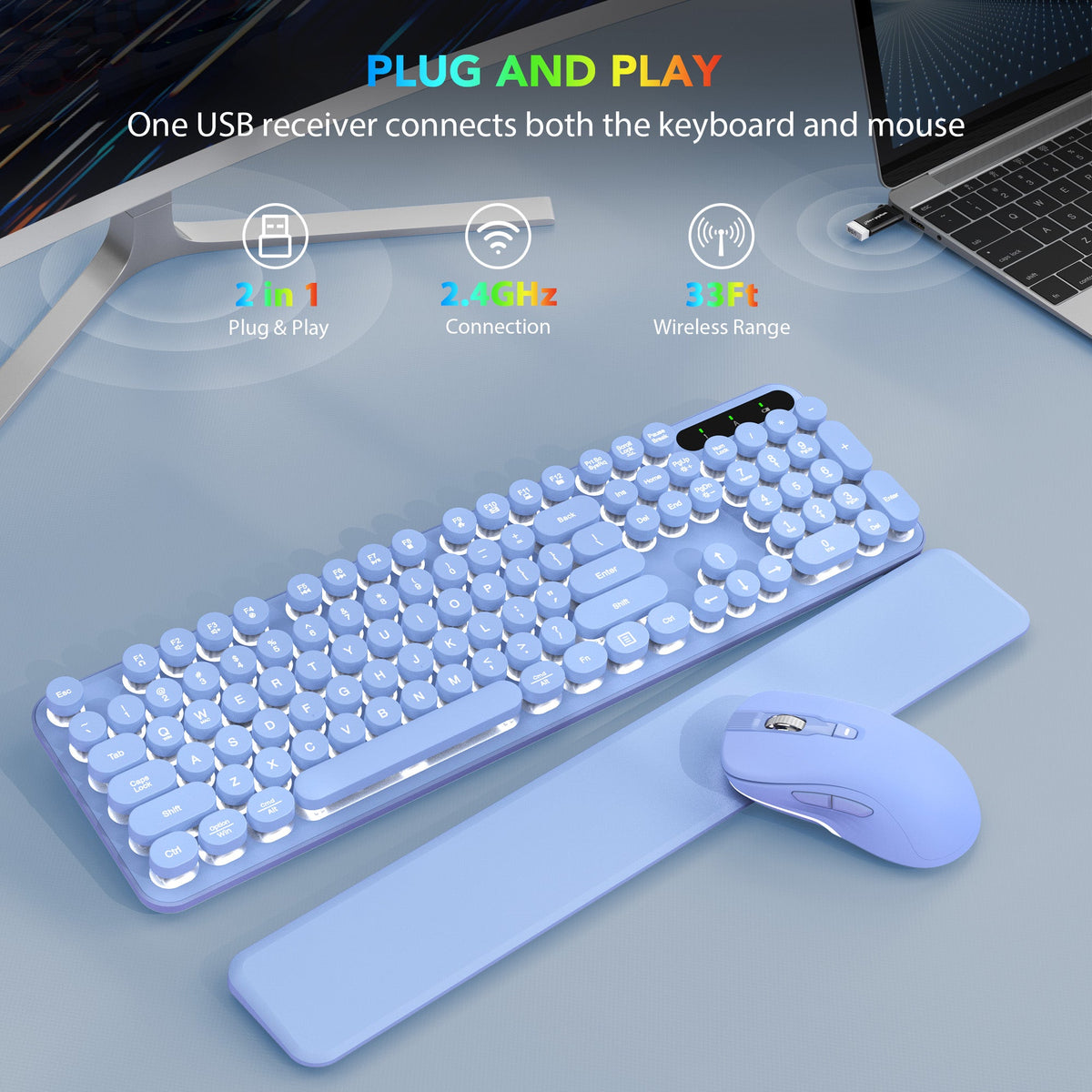 Ensemble clavier et souris sans fil ergonomique rechargeable rétroéclairé RGB avec repose-poignets style rétro, 2,4 GHz – violet