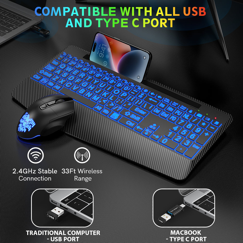 Ensemble clavier et souris sans fil ergonomique rechargeable rétroéclairé RGB silencieux avec repose-poignets, 2,4 GHz