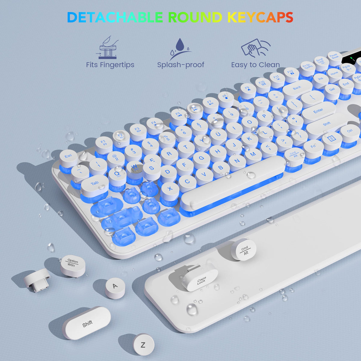 Ensemble clavier et souris sans fil ergonomique rechargeable rétroéclairé RGB avec repose-poignets style rétro, 2,4 GHz – blanc
