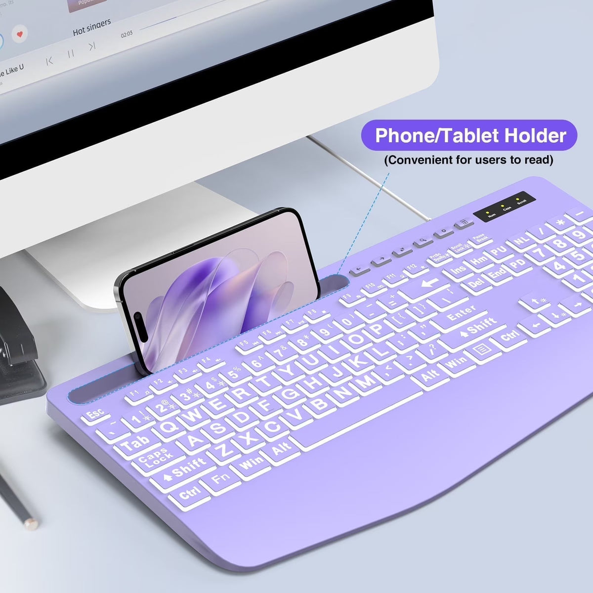 Clavier filaire ergonomique rétroéclairé à grands caractères avec repose-poignets – violet