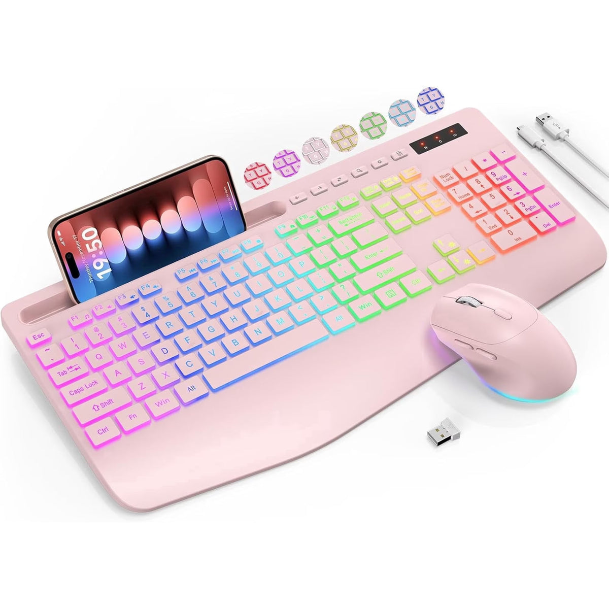 Ensemble clavier et souris sans fil ergonomique rechargeable rétroéclairé silencieux avec repose-poignets avec support pour téléphone – rose