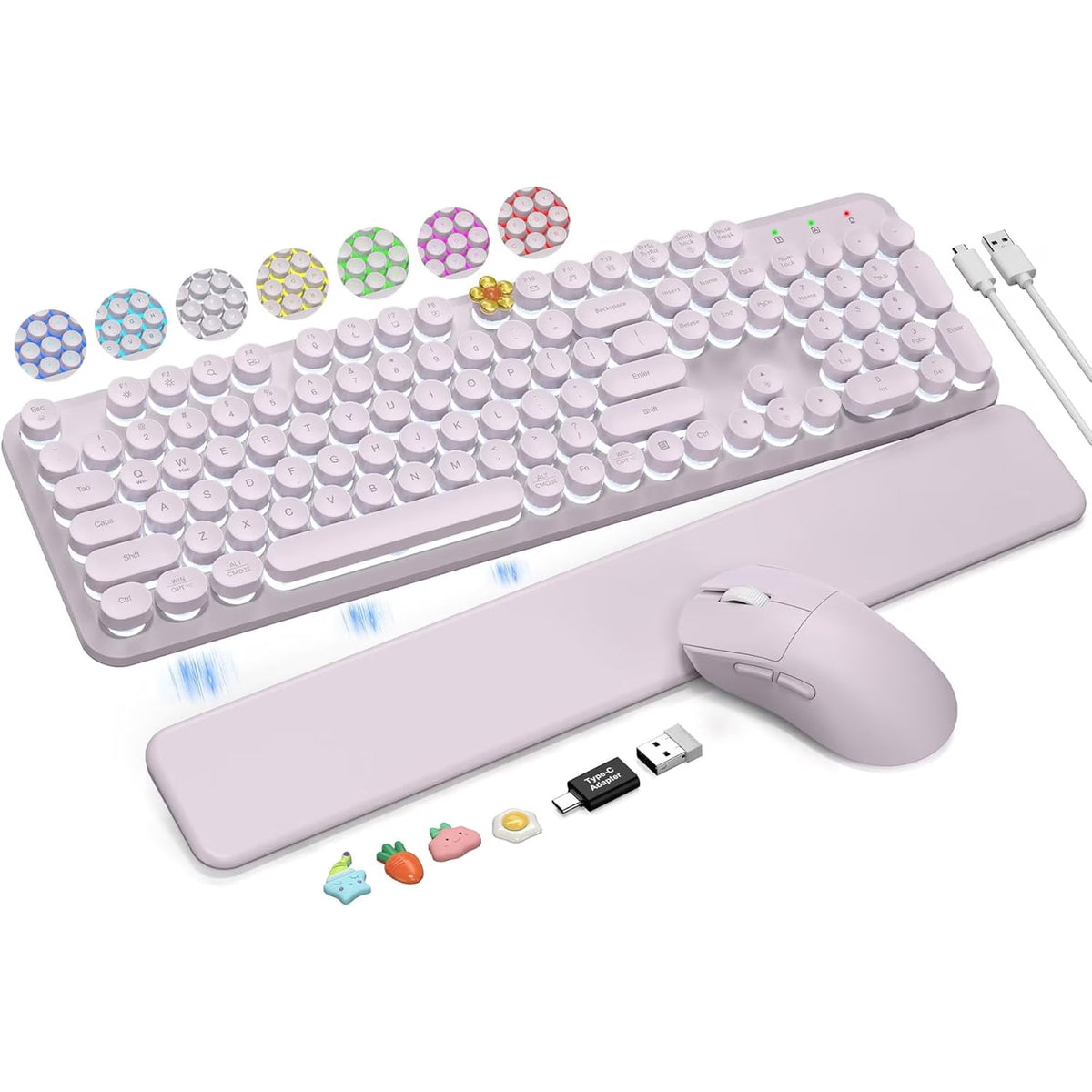 Ensemble clavier et souris sans fil ergonomique rechargeable rétroéclairé RGB avec repose-poignets style rétro, 2,4 GHz – lavande poudrée