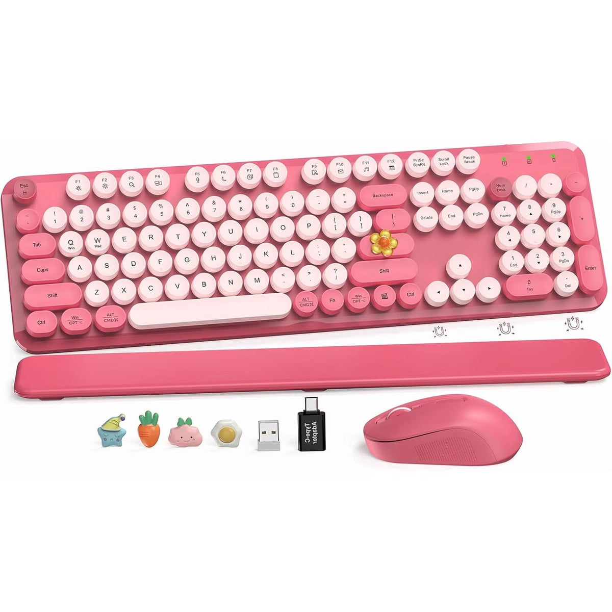 Ensemble clavier et souris sans fil ergonomique avec repose-poignets style rétro, 2,4 GHz – rose vif