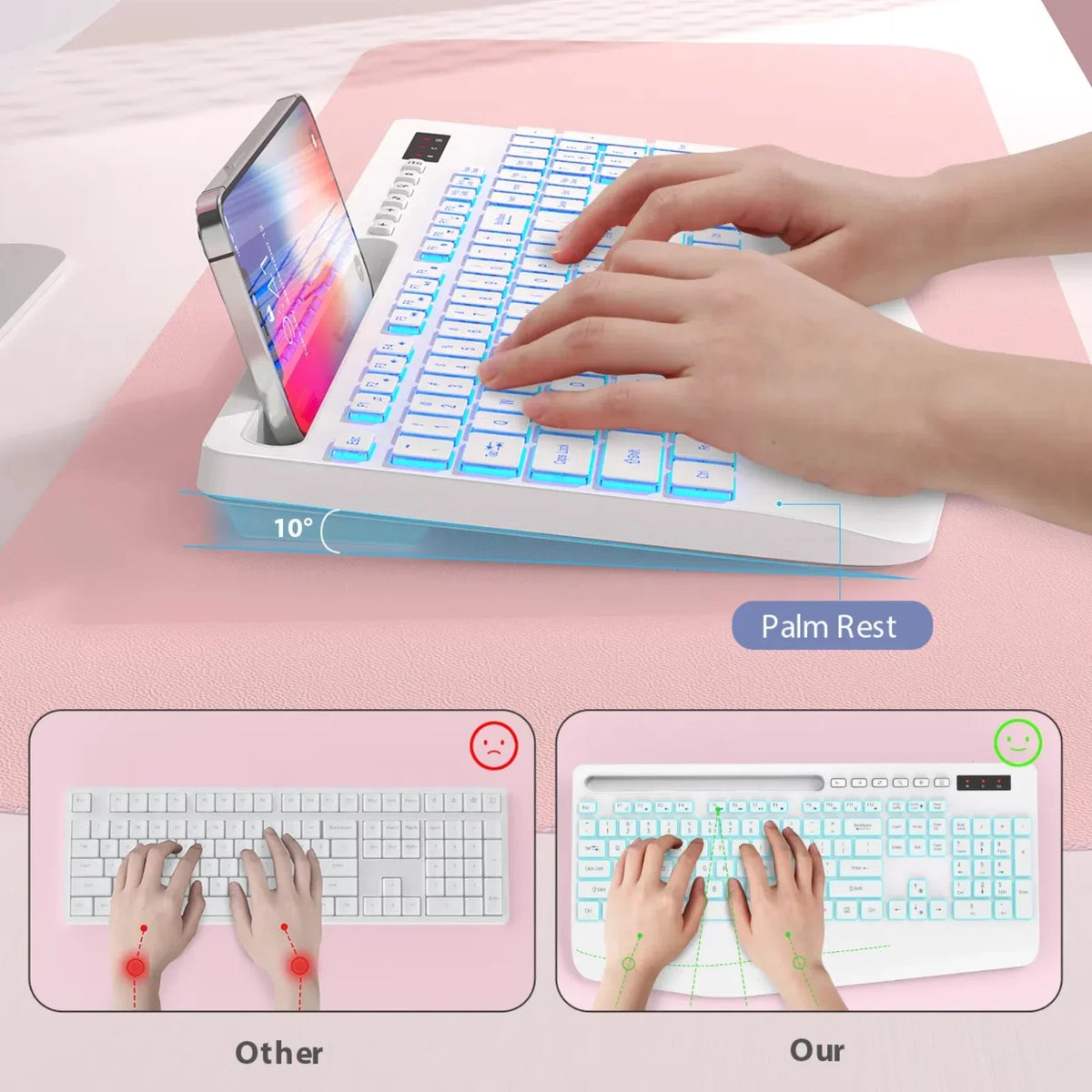 Clavier sans fil ergonomique rechargeable rétroéclairé silencieux avec repose-poignets, 2,4 GHz, 112 touches – blanc