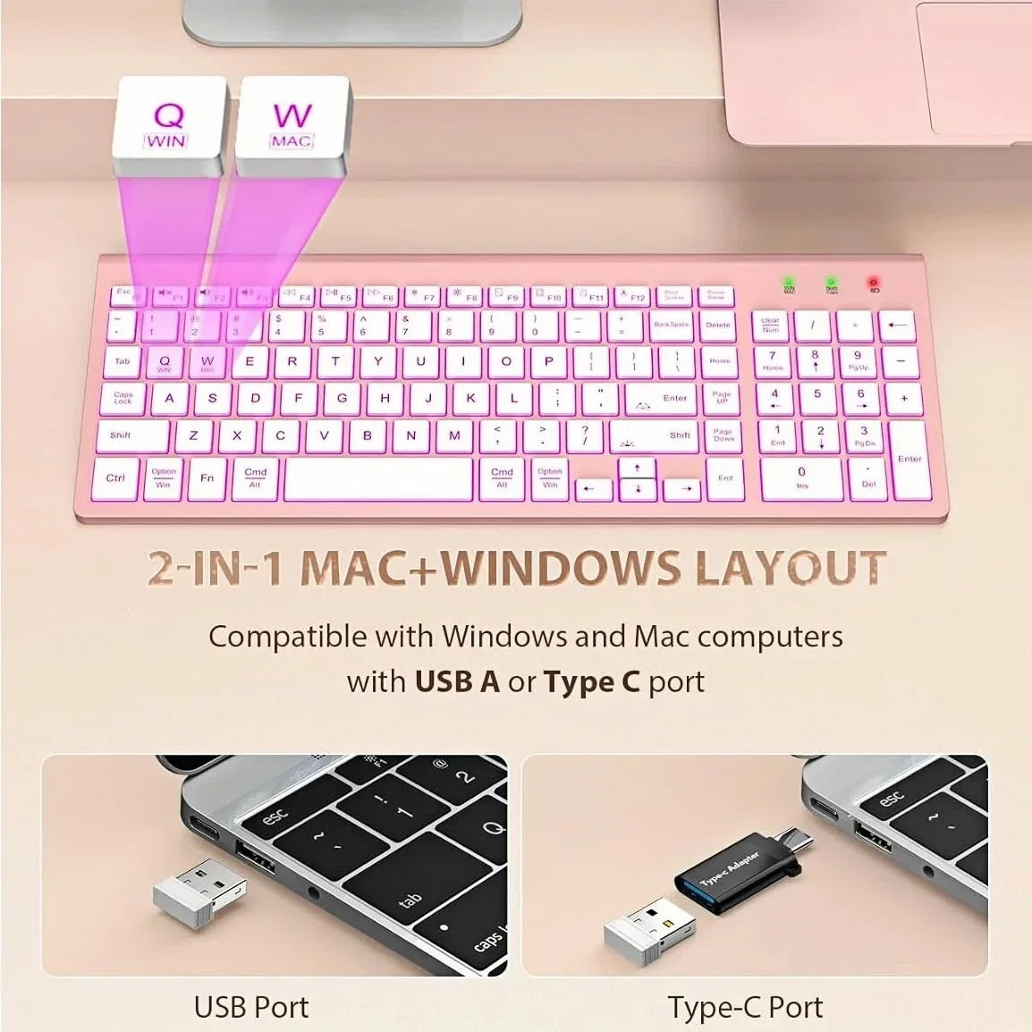 Ensemble clavier et souris sans fil rechargeable rétroéclairé RGB silencieux, 2,4 GHz – or rose
