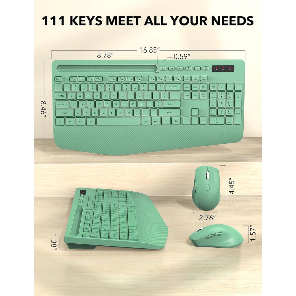 Ensemble clavier et souris sans fil ergonomique avec repose-poignets avec support pour téléphone, 2,4 GHz – vert sauge