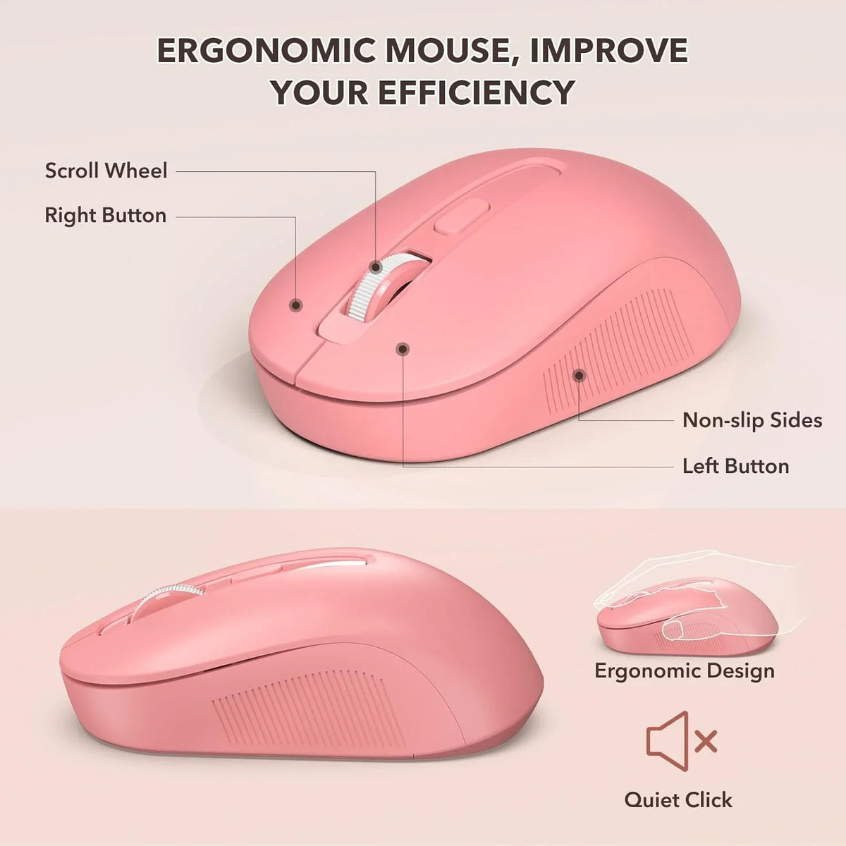 Ensemble clavier et souris sans fil ergonomique avec repose-poignets style rétro, 2,4 GHz – rose vif