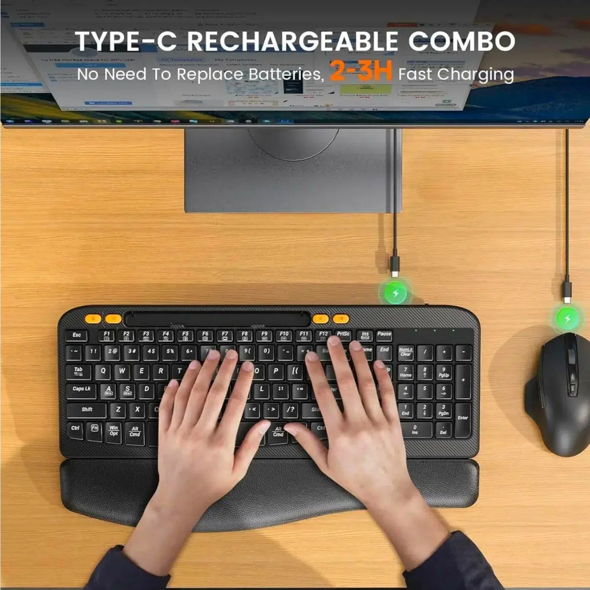Ensemble clavier et souris sans fil ergonomique rechargeable silencieux avec repose-poignets avec support pour téléphone, 2,4 GHz