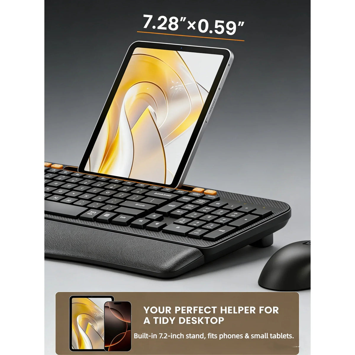 Ensemble clavier et souris sans fil ergonomique rechargeable silencieux avec repose-poignets avec support pour téléphone, 2,4 GHz