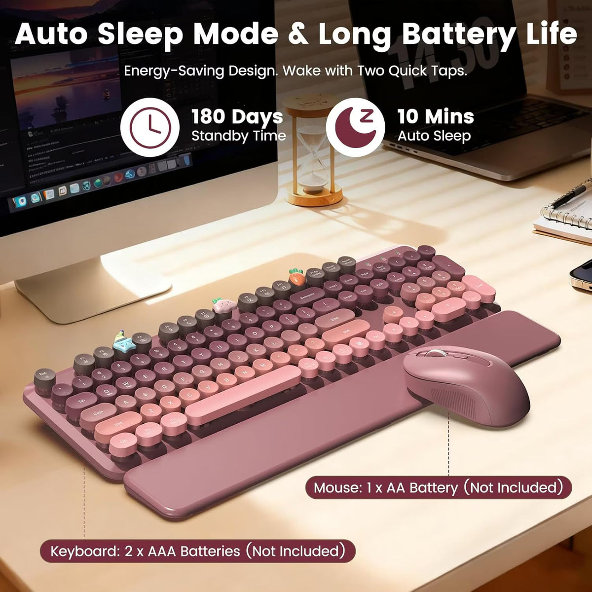 Ensemble clavier et souris sans fil ergonomique avec repose-poignets style rétro, 2,4 GHz