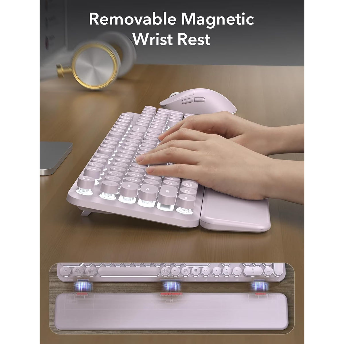 Ensemble clavier et souris sans fil ergonomique rechargeable rétroéclairé RGB avec repose-poignets style rétro, 2,4 GHz – lavande poudrée