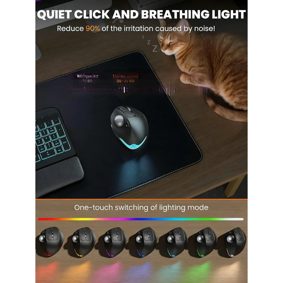 Souris trackball ergonomique sans fil rechargeable silencieuse – noir
