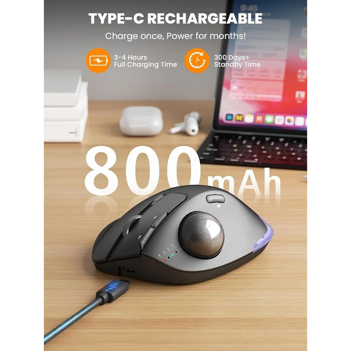 Souris trackball ergonomique sans fil rechargeable silencieuse – noir