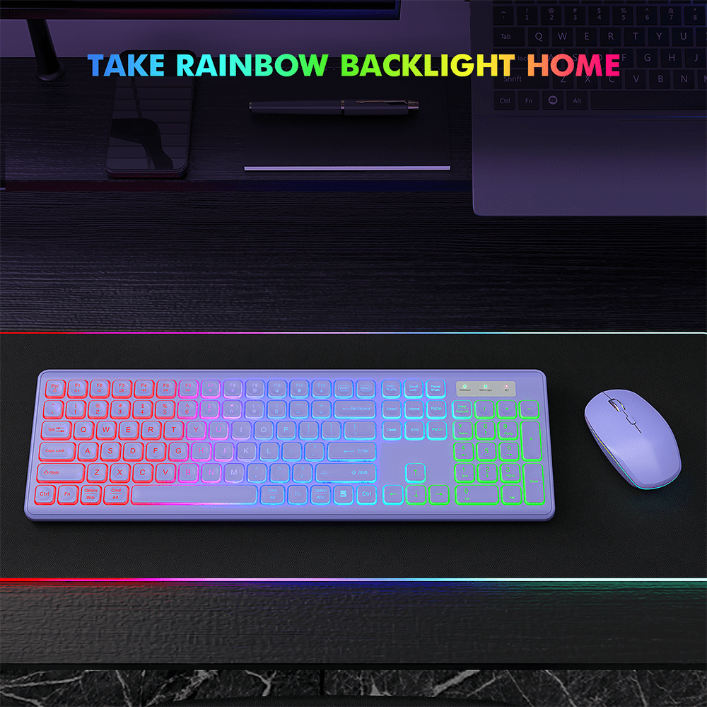 Ensemble clavier et souris sans fil rechargeable rétroéclairé RGB silencieux, 2,4 GHz, 108 touches, 3 niveaux de DPI – violet