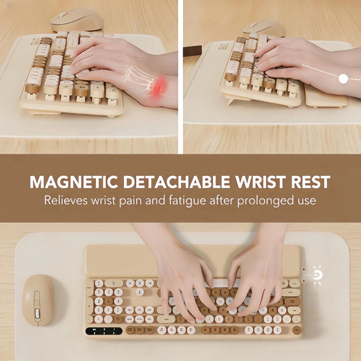 Ensemble clavier et souris sans fil ergonomique avec repose-poignets style rétro, 2,4 GHz
