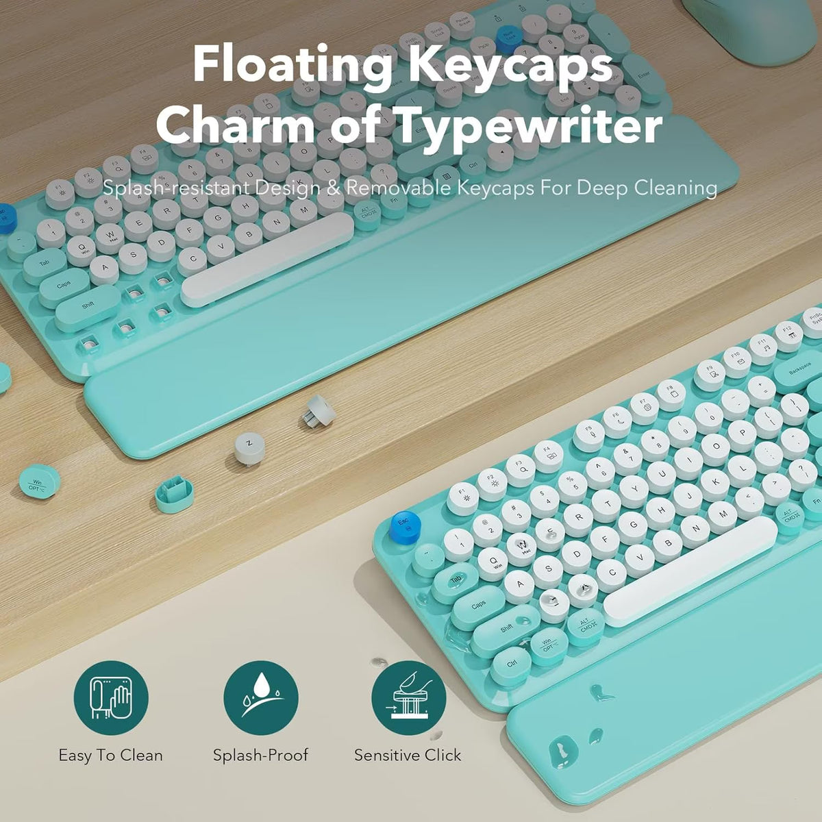 Ensemble clavier et souris sans fil ergonomique avec repose-poignets style rétro, 2,4 GHz – bleu foncé
