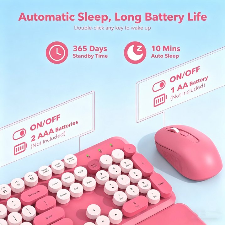Ensemble clavier et souris sans fil ergonomique avec repose-poignets style rétro, 2,4 GHz – rose vif