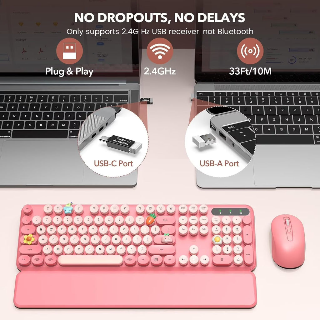 Ensemble clavier et souris sans fil ergonomique avec repose-poignets style rétro, 2,4 GHz – rose clair