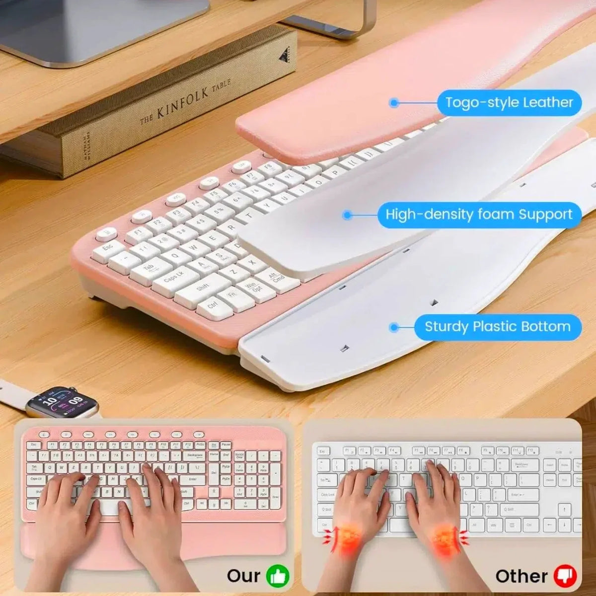 Ensemble clavier et souris sans fil ergonomique silencieux avec repose-poignets, 2,4 GHz – rose