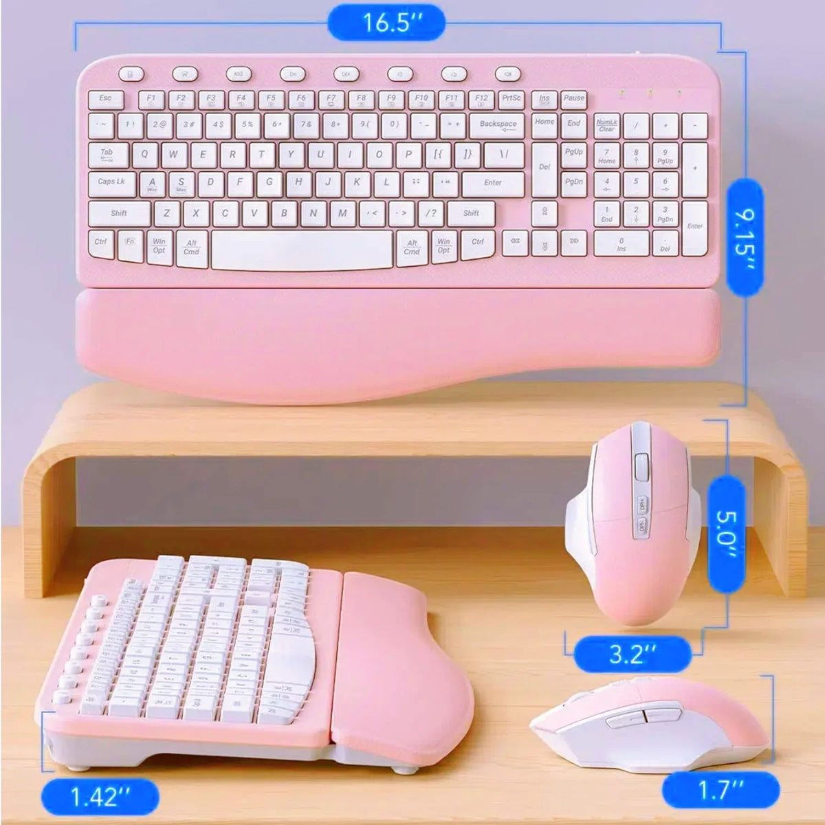 Ensemble clavier et souris sans fil ergonomique silencieux avec repose-poignets, 2,4 GHz – rose