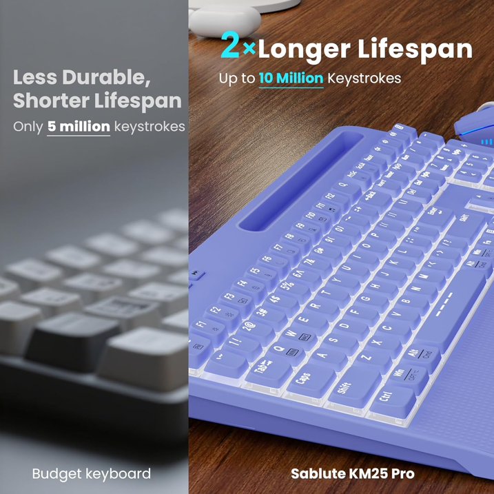 Ensemble clavier et souris sans fil ergonomique rechargeable rétroéclairé RGB silencieux avec repose-poignets avec support pour téléphone, 4000mah – violet