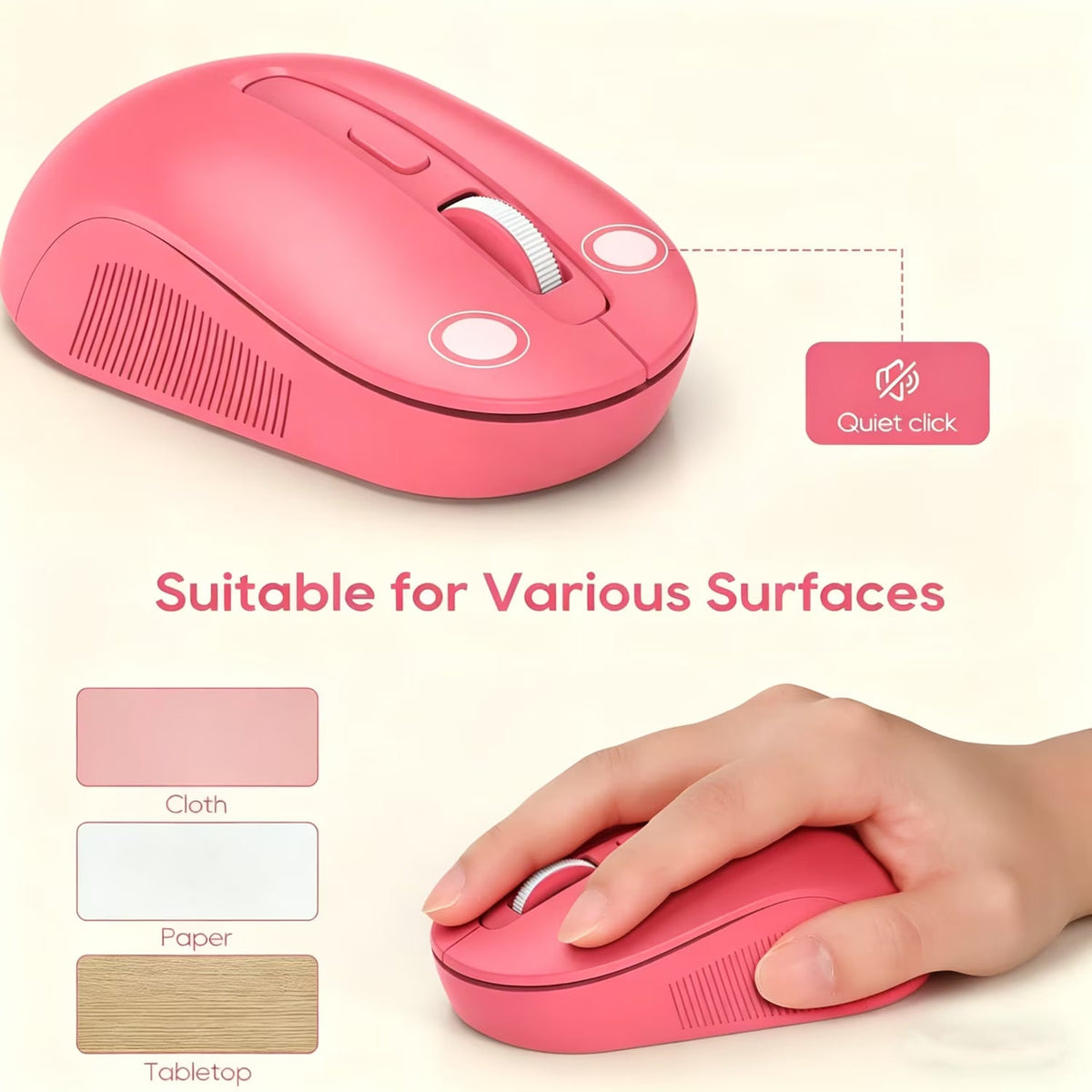 Ensemble clavier et souris sans fil ergonomique avec repose-poignets style rétro, 2,4 GHz – rose vif